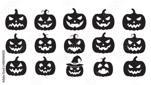 Collection of various spooky carved jack o lanterns for halloween