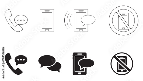 Collection of mobile phone and no phone icons in black and white