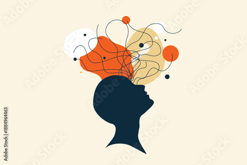Abstract surreal human head silhouette overflowing with chaotic orange yellow fluid thoughts bubbles lines dots, minimalist overthinking mind brain memories concept vector illustration.