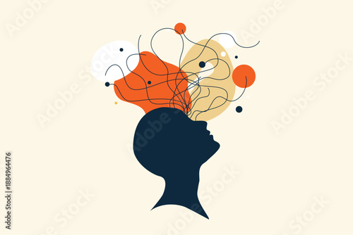 Abstract surreal human head silhouette overflowing with chaotic orange yellow fluid thoughts bubbles lines dots, minimalist overthinking mind brain memories concept vector illustration.