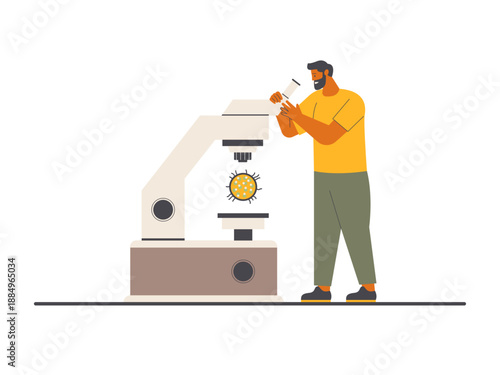A scientist or biologist conducting research using a microscope in a laboratory setting.  Research illustration. Flat vector concept.