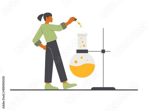 Young woman is using a pipette to add a liquid reagent into a round-bottom flask. Research illustration. Flat vector concept.