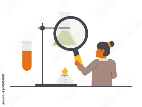 The scientist is using a magnifying glass to observe a chemical reaction in a flask that is being heated by a burner.  Research illustration. Flat vector concept.