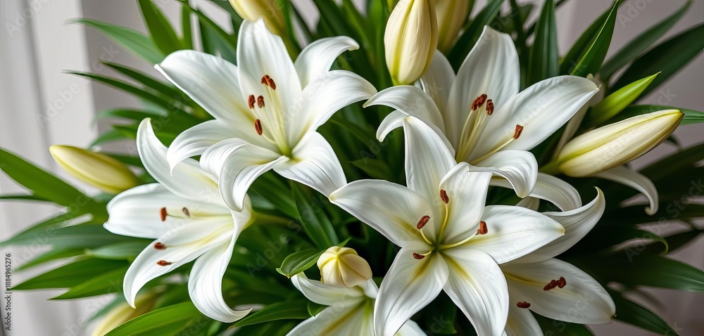 Obraz premium Elegant bouquet of pristine white lilies, lush greenery, still life, botanical