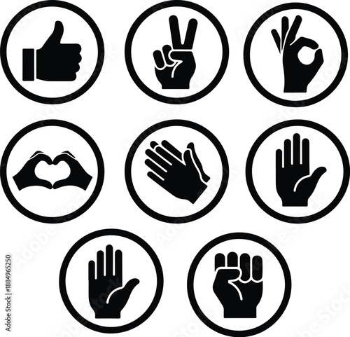 hand gesture silhouette icons , thumbs up, heart hands, ok sign, praying hands, fist, raised palm