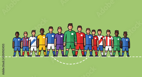 Group of diverse soccer players standing on a green field in colorful uniforms before match