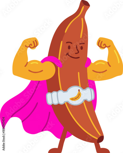 A cartoon superhero banana character flexing its muscles with a pink cape and a banana belt, standing confidently.