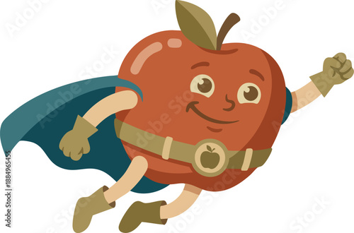 A cartoon red apple character dressed as a superhero, flying with a blue cape, belt, gloves, and boots, smiling.
