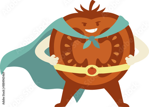 A cartoon illustration of a superhero tomato with a cape and belt, standing confidently with hands on hips.