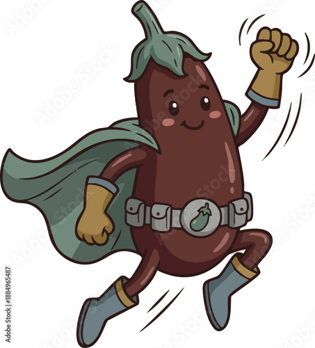 Cute cartoon eggplant character dressed as a superhero, flying with a cape and raised fist, on a white background.
