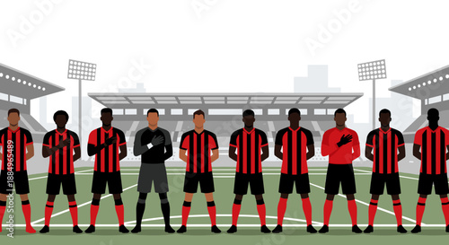 The football team is lined up on the field with the stadium in the background and bright floodlights. Time for the national anthem.