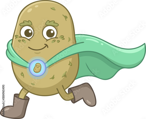 A cheerful cartoon superhero potato character with a green cape and boots, running heroically with a glowing emblem on its chest.