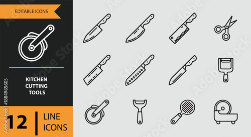 A collection of 12 editable line icons representing essential kitchen cutting tools