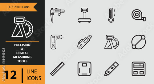 Versatile set of 12 editable line icons for precision and digital measurement tools