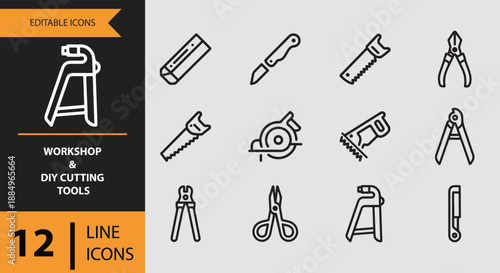 Workshop and diy cutting tools line icons for various construction and craft projects