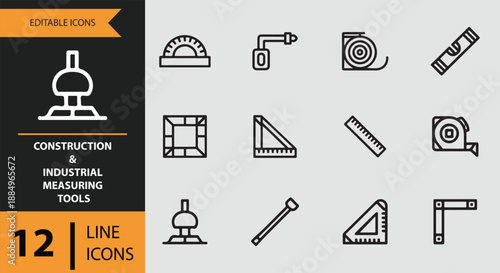 Editable line icons set featuring essential construction and industrial measuring tools