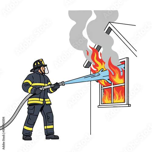 Firefighter in uniform extinguishing flames coming out of a house window with a hose on a white background.