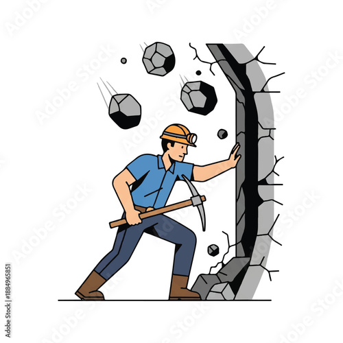A cartoon miner in a hard hat and blue shirt using a pickaxe to break through a stone wall with soccer balls flying out.