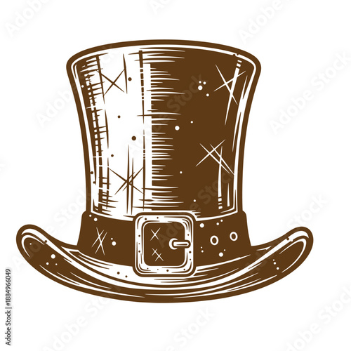 Drawing Vintage grunge  texture brown cowboy hat with white details and scratches on the surface and a belt buckle on the hat band