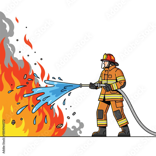 Firefighter in orange uniform spraying water on a large fire with flames and smoke on a white background.
