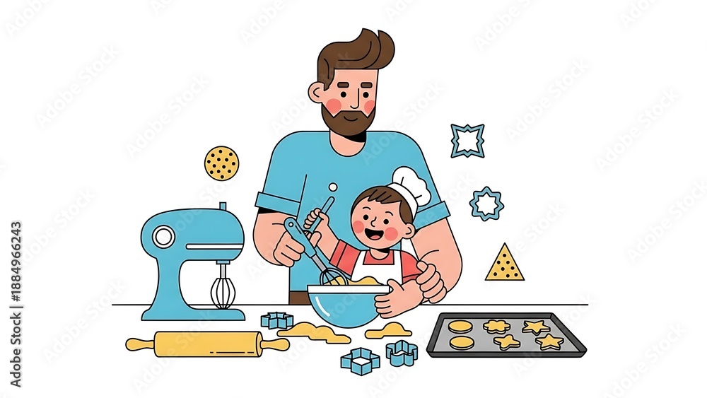 Fototapeta premium A father and child baking together on international father day, surrounded by baking utensils and decorations