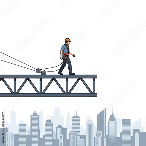 Illustration of a construction worker walking on a steel beam with safety gear against a city skyline