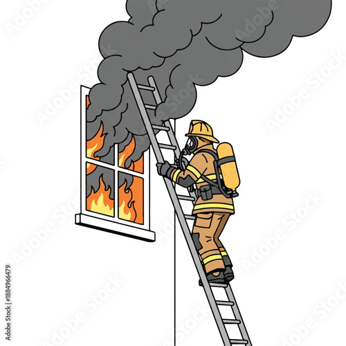 Illustration of a firefighter climbing a ladder to a burning window with smoke and flames, wearing full gear on a white background.