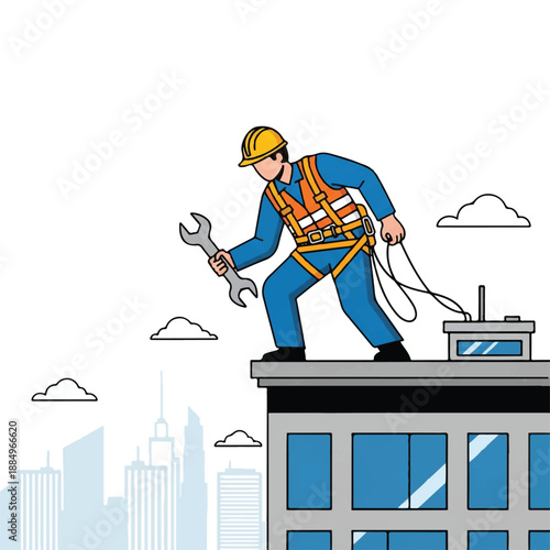 A construction worker in a yellow hard hat and orange safety vest holds a wrench on a city building rooftop with a cityscape background.