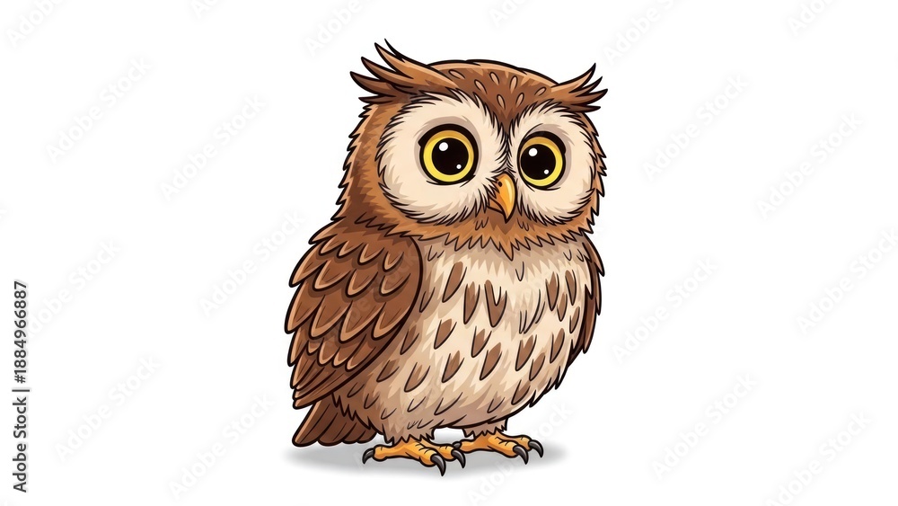 Obraz premium Cartoon owl with big yellow eyes and detailed feather design standing on white