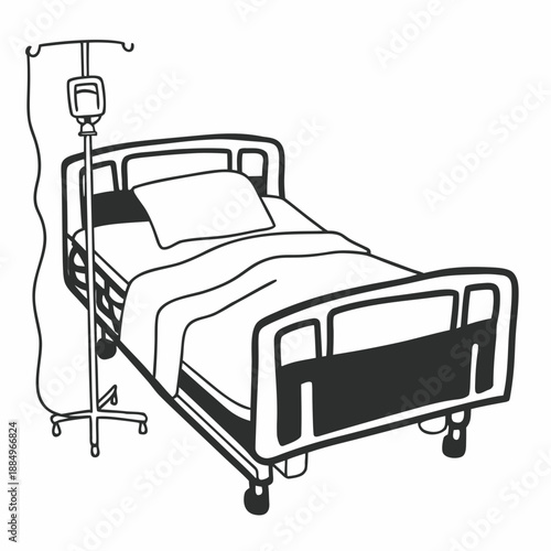 Hospital bed with IV stand and clean white linens in room  