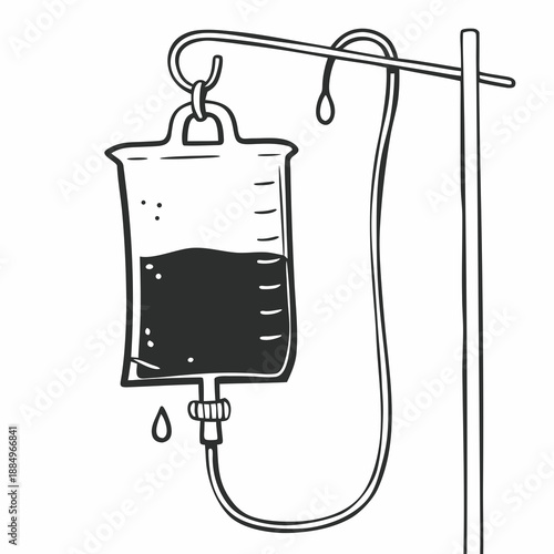 IV bag hanging on stand with liquid dripping from nozzle  