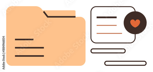 Digital marketing, data organization, content storage, document sharing, online files, user interface design. Folder with a document and heart icon. Digital marketing and data organization theme