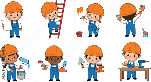Set of Cute Cartoon Construction Workers and Builders in Orange Hard Hats and Blue Overalls Isolated on a White Background