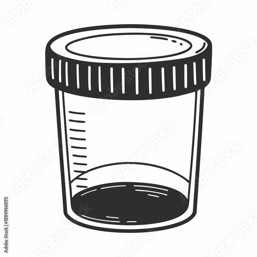 Clear plastic medical specimen container with measurement markings  