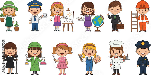 Set of cute cartoon children characters in various professional career uniforms including pilot, chef, police, artist, and scientist vector.