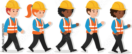 Set of diverse cartoon construction workers walking in a line wearing orange safety vests and yellow hard hats vector illustration.