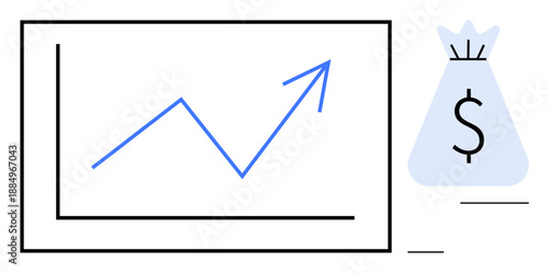 Blue upward arrow on a financial chart paired with a money bag symbolizing profit growth, revenue increase, and investment success. Ideal for finance, business, economy, investment, wealth, corporate