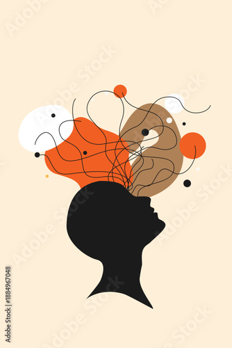 Abstract surreal human head silhouette overflowing with chaotic orange yellow fluid thoughts bubbles lines dots, minimalist overthinking mind brain memories concept vector illustration.