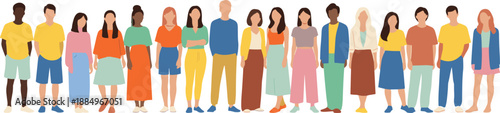 Flat vector illustration of a diverse group of multiethnic men and women standing together wearing colorful casual modern summer clothing.