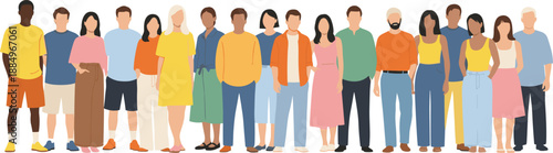 Flat vector illustration of a diverse group of multiethnic men and women standing together wearing colorful casual summer clothing.