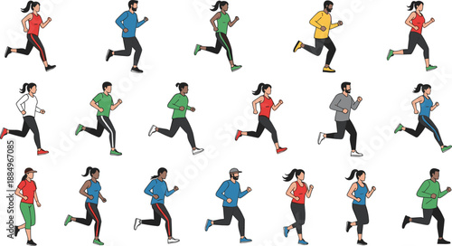 Diverse Flat Vector Illustrations Set of People Running and Jogging in Sportswear Isolated on White Background for Health Fitness and Active Lifestyle Design