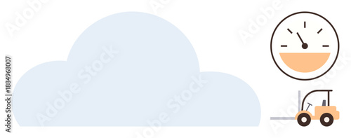 Cloud storage, logistics management, time tracking, supply chain, efficiency, technology. A cloud shape, a forklift and a clock gauge are displayed. Logistics management and time tracking concept