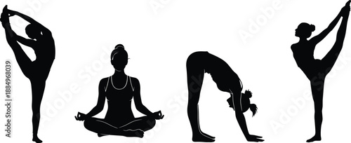 Female yoga poses silhouette set featuring meditation stretching balance flexibility wellness fitness mindfulness vector illustration isolated on white background design