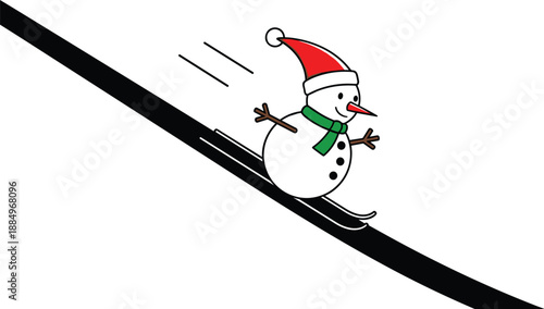Funny snowman skiing downhill illustration wearing Santa hat winter holiday fun cartoon character motion vector design festive christmas seasonal activity