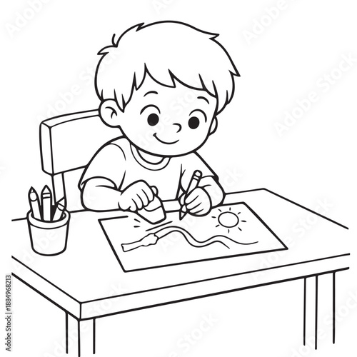 A creative vector illustration shows a little boy drawing on paper at a table, expressing imagination, focus, and joyful creativity while capturing the beauty of childhood learning moments.