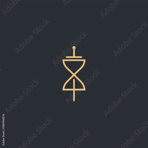 Hourglass sword logo in sharp and balanced line art design.