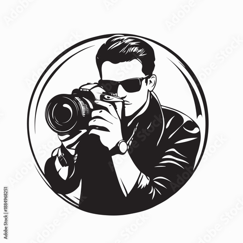 Smiling young man with professional camera taking pictures vector