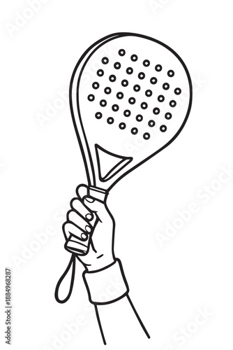 A dynamic vector shows a hand gripping a padel racket, capturing strength, focus, and sporty energy, symbolizing passion for padel sport through a clean, modern, and powerful athletic design.