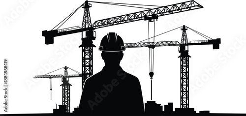 Construction engineer silhouette overseeing tower cranes at building site, industrial development and civil engineering concept with heavy machinery isolated on white background