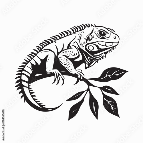 Iguana on Branch in Tropical Garden image Vector isolated on white background